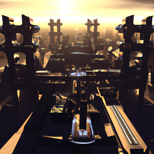 A futuristic city at sunset